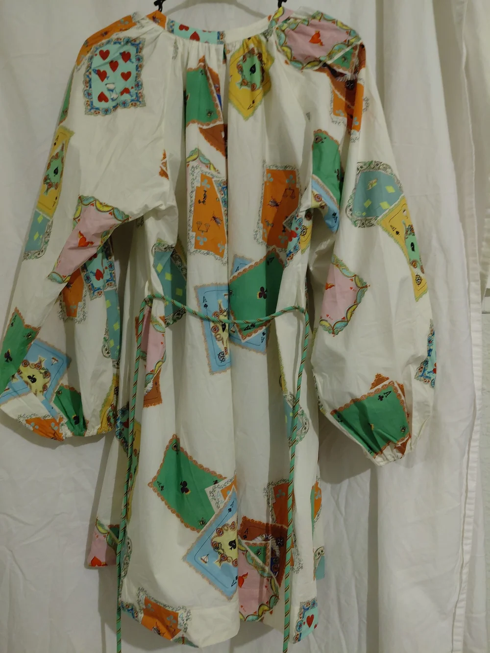 Women’s Printed Drawstring Waist Dress- White Multicolor